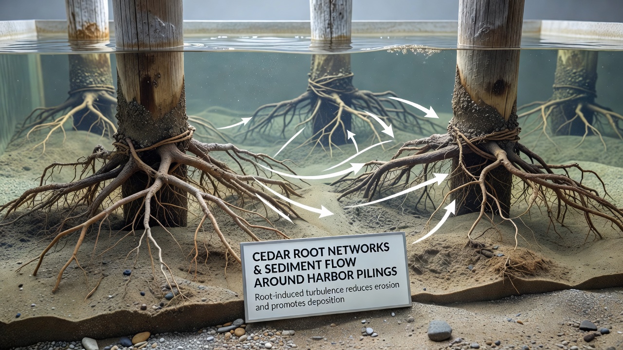 Close-up view of sediment deposition patterns around pilings influenced by cedar roots in a harbor setting