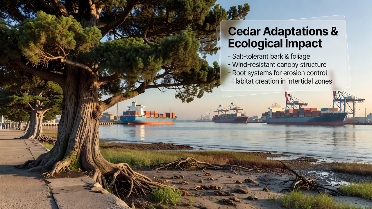 Close view of cedar root networks stabilizing soil near harbor infrastructure