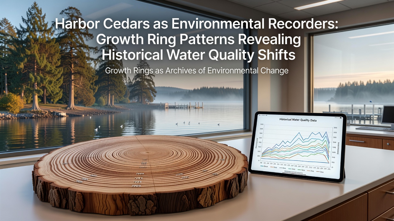 Researchers extracting core samples from mature cedars positioned along a busy harbor channel edge
