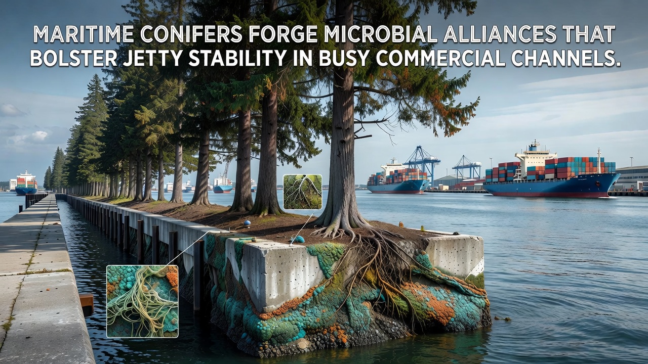 Close-up view of conifer roots and microbial activity stabilizing sediment near a commercial shipping jetty